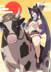 Rule 34 | 1girl, :d, armor, asymmetrical sleeves, black hair, black hat, blue eyes, blue gloves, blue panties, breast curtains, breasts, bull, chinese zodiac, fate/grand order, fate (series), feather hair ornament, feathers, gloves, hair ornament, hat, japanese armor, kusazuri, long hair, medium breasts, mismatched sleeves, new year, nyantiu, open mouth, panties, parted bangs, purple sleeves, revealing clothes, riding, shoulder armor, side ponytail, single glove, smile, sode, solo, underwear, ushiwakamaru (fate), very long hair, white sleeves, year of the ox