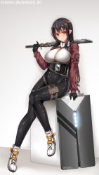 Rule 34 | 1girl, belt, black hair, bodysuit, bodysuit under clothes, braid, breasts, covered navel, cropped jacket, hair ornament, highres, holding, holding sword, holding weapon, large breasts, long hair, looking at viewer, midnight (banyex), original, pointy ears, red eyes, shiny clothes, sitting, solo, sword, weapon, white background