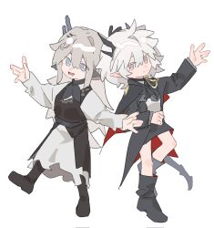 Rule 34 | 2girls, alina (arknights), animal ears, antlers, arknights, arm up, ascot, black ascot, black dress, black footwear, black jacket, blue eyes, boots, bright pupils, closed mouth, commentary, deer antlers, deer ears, dress, fang, grey eyes, grey hair, hair ornament, hairclip, highres, horns, jacket, jewelry, long hair, long sleeves, molu stranger, multiple girls, open mouth, outstretched arms, pointy ears, ring, smile, talulah (arknights), wedding ring, white background, white dress, white hair, white pupils, wife and wife