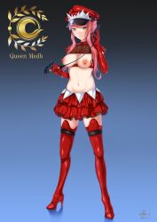 Rule 34 | 1girl, absurdres, azumaya talaka, boots, breasts, breasts out, character name, elbow gloves, fate/grand order, fate (series), gloves, hat, high heel boots, high heels, highres, holding, holding riding crop, holding whip, long hair, looking at viewer, medb (alluring chief warden look) (fate), medb (fate), medium breasts, miniskirt, navel, nipples, peaked cap, pink hair, red footwear, red gloves, red skirt, riding crop, sidelocks, skirt, smile, solo, thigh boots, yellow eyes