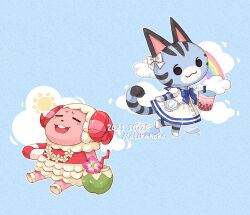 Rule 34 | 1boy, 1girl, :3, :d, animal crossing, artist name, bag, blue background, blue bow, blue bowtie, blush, blush stickers, bow, bowtie, bubble tea, buttons, cat girl, closed eyes, closed mouth, cloud, coconut, coconut cup, commentary, cup, curled horns, dated, disposable cup, dom (animal crossing), dress, drinking straw, english commentary, flower, flower necklace, holding, holding cup, horns, jewelry, lei, lifebuoy, lolly (animal crossing), matchaneko, necklace, nintendo, open mouth, pink flower, pink horns, puddle, rainbow, raised eyebrows, sailor collar, sailor dress, sheep boy, sheep horns, shell bag, short sleeves, shoulder bag, simple background, smile, summer, sun, swim ring, teeth, upper teeth only, white bow, white dress, white flower, white sailor collar