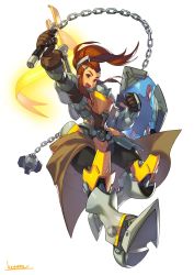 Rule 34 | 1girl, :d, armor, bad id, bad twitter id, ball and chain (weapon), boots, breastplate, brigitte (overwatch), brown eyes, brown gloves, brown hair, clenched hand, commentary request, floating hair, freckles, full body, gauntlets, gloves, highres, holding, holding shield, holding weapon, kotatsu (g-rough), looking at viewer, open mouth, overwatch, overwatch 1, ponytail, shield, signature, simple background, smile, solo, waist cape, weapon, white background