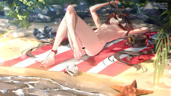 Rule 34 | 1girl, anklet, bar censor, beach, black hair, black nails, bottle, breasts, brown eyes, censored, closed mouth, completely nude, crossed legs, day, flower, genshin impact, hair between eyes, hat, hat flower, unworn hat, unworn headwear, hermit crab, holding, holding bottle, hu tao (genshin impact), jewelry, knees up, legs, long hair, lotion, lying, nail polish, navel, nipples, nude, on back, one eye closed, outdoors, plum blossoms, pussy, ring, sand, sandals, shoes, unworn shoes, small breasts, solo, starfish, stomach, sunscreen, sydus, thighs, toenail polish, toenails, twintails, very long hair