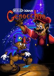 Rule 34 | 2boys, black hair, blue cape, blue headwear, blue overalls, box art, brown footwear, bryantobikomi, cabbie hat, cape, collared shirt, doll joints, facial hair, fake box art, geno (mario), gloves, hat, highres, joints, mario, mario (series), multiple boys, mustache, nintendo, open mouth, overalls, parody, pinocchio (disney), pointy hat, puppet, puppet strings, red hair, red headwear, red shirt, shirt, smile, square enix, standing, standing on one leg, super mario rpg, walking, white gloves