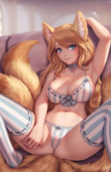 Rule 34 | 1girl, animal ears, arm up, armpits, blonde hair, blue eyes, bra, breasts, cleavage, collar, fox ears, fox girl, fox tail, highres, large breasts, long hair, looking at viewer, multiple tails, navel, original, paid reward available, panties, parted lips, personal ami, sitting, smile, solo, spread legs, striped bra, striped clothes, striped panties, striped thighhighs, tail, thighhighs, underwear, vertical-striped clothes, vertical-striped thighhighs
