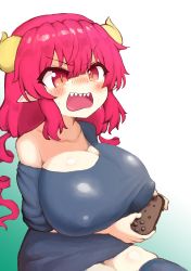 Rule 34 | 1girl, blush, breasts, cleavage, collarbone, controller, covered erect nipples, detexted, dragon girl, dragon horns, drill hair, game controller, gradient background, highres, horns, huge breasts, ilulu (maidragon), kobayashi-san chi no maidragon, kouno torisuke, long hair, open mouth, pointy ears, red eyes, red hair, sharp teeth, shirt, shortstack, sitting, skindentation, slit pupils, solo, sweat, teeth, thighhighs, third-party edit