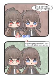 Rule 34 | 2girls, ags-30 (girls&#039; frontline), blue eyes, brown hair, camouflage, camouflage shirt, comic, girls&#039; frontline, glasses, hair ornament, highres, hiromaster sinta jh, id card, military, military uniform, multiple girls, necktie, open mouth, red eyes, shirt, smile, translation request, uniform