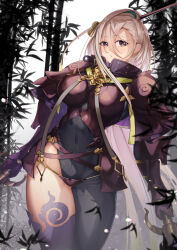 Rule 34 | 1girl, armor, asymmetrical clothes, bamboo, bamboo forest, blush, bodysuit, breastplate, breasts, covered navel, dual wielding, fate/grand order, fate (series), forest, gauntlets, green hair, grey bodysuit, grey eyes, hair between eyes, hair ornament, hair stick, high collar, highleg, highres, holding, huyan zhuo (fate), huyan zhuo (second ascension) (fate), large breasts, long hair, looking at viewer, multicolored hair, nature, pauldrons, shoulder armor, single pantsleg, solo, streaked hair, thighs, ura illust, very long hair, weapon, white hair