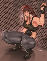 Rule 34 | 1girl, against fence, black gloves, blue eyes, boots, bowalia, breasts, brown hair, chain-link fence, cleavage, crop top, dead or alive, dutch angle, covered erect nipples, fence, fingerless gloves, full body, gloves, hairband, heavy breathing, high heel boots, high heels, hitomi (doa), holding stomach, impossible clothes, large breasts, long hair, midriff, muscular, muscular female, no bra, pain, pants, red hairband, signature, sleeveless, solo, squatting, sweat, tank top, thick thighs, thighs