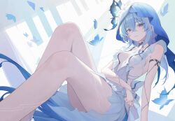 1girl arm_across_waist armlet bare_legs bare_shoulders blue_butterfly blue_hair blue_veil breasts bug butterfly closed_mouth commentary dress feet_out_of_frame hair_between_eyes highres insect irain_(_irain_) jewelry legs long_hair looking_at_viewer medium_breasts multicolored_hair purple_eyes sitting sleeveless sleeveless_dress solo streaked_hair shorekeeper_(wuthering_waves) two-tone_veil veil white_dress white_veil wuthering_waves