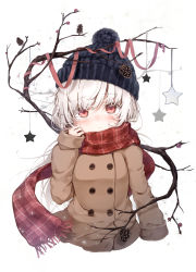 Rule 34 | 1girl, absurdres, beanie, black hat, blush, branch, breasts, brown coat, closed mouth, coat, dolphro-kun, fringe trim, hair between eyes, hand up, hat, highres, long sleeves, looking at viewer, original, pinecone, plaid, plaid scarf, red eyes, red ribbon, red scarf, ribbon, scarf, sleeves past wrists, small breasts, solo, star (symbol), white hair