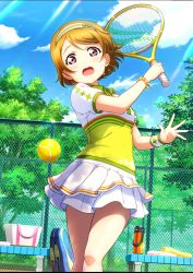 Rule 34 | 1girl, artist name, artist request, ball, bare legs, blue sky, blush, bow, bracelet, breasts, brown hair, buttons, cloud, clover print, collared shirt, female focus, green bow, hair between eyes, headband, highres, holding, holding tennis racket, jewelry, koizumi hanayo, layered skirt, looking at viewer, love live!, love live! school idol festival, love live! school idol project, miniskirt, outdoors, parted lips, pearl bracelet, plaid, plaid skirt, pleated, pleated skirt, purple eyes, racket, shirt, short hair, short sleeves, skirt, sky, smile, solo, sparkle, sportswear, star (symbol), star print, sunlight, tennis ball, tennis racket, tennis uniform, white shirt, white skirt, white wristband, wristband, yellow shirt