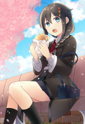 Rule 34 | 1girl, :o, ahoge, alternate costume, bacon, bag, belt, belt buckle, bench, black hair, black skirt, black socks, blue eyes, blue sky, blush, braid, brown jacket, buckle, burger, buttons, cherry blossoms, cloud, day, feet out of frame, flat chest, food, glint, hair flaps, hair ornament, hair over shoulder, hairpin, holding, holding food, jacket, kantai collection, kneehighs, long hair, long sleeves, neckerchief, open mouth, outdoors, petals, pleated skirt, red neckerchief, round teeth, salad, shigure (kancolle), shigure kai ni (kancolle), shoulder bag, single braid, skirt, sky, socks, solo, sparkle, tareme, teeth, two-handed, wing collar, wrapper, yukichi (eikichi)