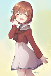 Rule 34 | 1girl, brown hair, brown neckerchief, closed eyes, commentary request, dress, facing viewer, gradient background, grey sailor collar, hidaka mari, highres, kantai collection, neckerchief, open mouth, red shirt, sailor collar, sailor shirt, shirt, short hair, smile, solo, tan yang (kancolle), white dress, yukikaze (kancolle)