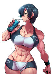 Rule 34 | 1girl, abs, bike shorts, black eyes, black hair, breasts, cleavage, cup, disposable cup, drinking straw, earrings, highres, jewelry, large breasts, looking to the side, muscular, muscular female, original, short hair, solo, sportswear, sweat, sweatband, tank top, tukiwani, white background