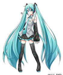 Rule 34 | 1girl, aqua eyes, aqua hair, aqua nails, aqua necktie, bare shoulders, belt, black skirt, black sleeves, black thighhighs, boots, commentary, contrapposto, dated, derivative work, detached sleeves, full body, grey shirt, hair ornament, hatsune miku, headphones, headset, long hair, looking at viewer, miniskirt, nail polish, necktie, number tattoo, piano print, pigeon-toed, pleated skirt, shirt, shoulder tattoo, signature, skirt, sleeveless, sleeveless shirt, sleeves past wrists, smile, solo, sudachi (calendar), tattoo, thigh boots, thighhighs, tie clip, twintails, twitter username, very long hair, vocaloid, vocaloid boxart pose, white background, zettai ryouiki