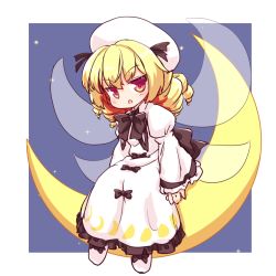 Rule 34 | 1girl, black bow, black bowtie, blonde hair, border, bow, bowtie, dress, drill hair, drill sidelocks, fairy wings, full body, isu (is88), juliet sleeves, long sleeves, looking at viewer, luna child, medium hair, moon phases, multiple bows, night, night sky, on crescent, open mouth, puffy sleeves, sidelocks, sitting on moon, sky, solo, touhou, v-shaped eyebrows, white border, white dress, white footwear, white headwear, wings, yellow eyes