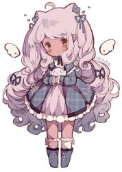 Rule 34 | 1girl, ahoge, angel wings, animal ear fluff, animal ears, artist name, black bow, blue bow, blue bowtie, blue dress, blue eyes, blue footwear, blush, blush stickers, boots, bow, bow legwear, bow skirt, bowtie, buttons, cat ears, center frills, chibi, closed mouth, commentary, commission, creature, curly hair, dark-skinned female, dark skin, detached wings, dress, english commentary, eyelashes, footwear bow, frilled dress, frilled sleeves, frilled socks, frills, hair bow, heart, holding, holding creature, kneehighs, layered dress, light purple hair, light smile, littlebluemuffin, long hair, long sleeves, looking at viewer, multiple hair bows, open clothes, open dress, open mouth, original, painttool sai (medium), plaid, plaid dress, purple dress, short dress, sleeves past wrists, socks, solid oval eyes, transparent background, very long hair, white bow, white socks, white wings, wings, yellow bow
