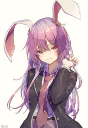 Rule 34 | 1girl, animal ears, baronilu, black jacket, blazer, blush, closed mouth, collared shirt, commentary, crescent, hand in own hair, highres, jacket, long hair, long sleeves, looking at viewer, necktie, pixiv username, purple eyes, purple hair, rabbit ears, red necktie, reisen udongein inaba, shirt, solo, tie clip, touhou, very long hair, white shirt