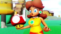 Rule 34 | 1girl, 3d, absurdres, animated, blue eyes, bouncing breasts, breast expansion, breasts, brown hair, constricted pupils, eating, hand on own hip, highres, large breasts, mario (series), mushroom, nintendo, open mouth, princess, princess daisy, shirt, short hair, shorts, sleeveless, sleeveless shirt, small breasts, smile, solo, surprised, tagme, video, virtuablueam2, wide-eyed