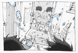 Rule 34 | 2boys, bathroom, border, brothers, brushing teeth, calendar (object), closed eyes, dutch angle, eokonuzu, faucet, floating, floating object, hair dryer, hands up, holding, holding toothbrush, index finger raised, indoors, kageyama ritsu, kageyama shigeo, levitation, long sleeves, looking at another, male focus, messy hair, mirror, mob psycho 100, monochrome, multiple boys, out of frame, pajamas, psychic, reflection, short hair, siblings, sideways glance, sink, sleepy, spot color, toothbrush, toothbrush in mouth, toothpaste, towel rack, window blinds