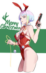 Rule 34 | 1girl, absurdres, animal ears, ass, bare legs, bare shoulders, bigroll, bodysuit, breasts, christmas, cleavage, commentary request, cyberpunk, cyberpunk (series), gun, highres, hip bones, holding, holding gun, holding weapon, large breasts, legs, lucy (cyberpunk), maid, multicolored hair, rabbit ears, red bodysuit, short hair, streaked hair, weapon, white hair