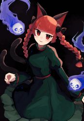 Rule 34 | 1girl, :3, animal ears, black bow, blue fire, blunt bangs, blunt ends, bow, braid, breasts, cat ears, cat tail, dress, extra ears, feet out of frame, fire, flaming skull, floating hair, floating skull, glowing, glowing eyes, green dress, hair bow, hair ribbon, highres, hitodama, juliet sleeves, kaenbyou rin, light blush, long sleeves, looking at viewer, medium breasts, multiple tails, nekomata, parted lips, petticoat, puffy sleeves, red eyes, red hair, ribbon, slit pupils, smile, solo, tail, touhou, tress ribbon, tsuki0425, twin braids, twintails, two tails, v-shaped eyebrows