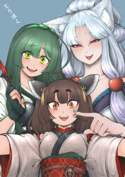 Rule 34 | 3girls, absurdres, ahoge, animal ears, black gloves, blue nails, blunt bangs, brown hair, character name, cheek poking, chipped weapon, commentary request, curtained hair, fangs, fox ears, fox girl, gloves, green eyes, green hair, green hairband, green nails, grey background, grey hair, hairband, hand up, headgear, high ponytail, highres, japanese clothes, kimono, long hair, looking at viewer, low-tied sidelocks, medium hair, miazuma sarin, multiple girls, muneate, narrowed eyes, obi, obijime, orange eyes, outstretched arms, partially fingerless gloves, partly fingerless gloves, poking, raised eyebrows, red eyes, sash, siblings, sidelocks, simple background, sisters, slit pupils, smile, spread arms, thick eyebrows, touhoku itako, touhoku kiritan, touhoku zunko, twintails, upper body, voiceroid, white kimono, yugake
