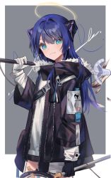 Rule 34 | 1girl, arknights, asymmetrical gloves, bad id, bad pixiv id, black gloves, black jacket, blue eyes, blue hair, blush, border, commentary, cowboy shot, gloves, grey background, hair between eyes, halo, hand up, highres, holding, holding staff, horns, jacket, juju (jelly fever), light smile, long hair, long sleeves, looking at viewer, mismatched gloves, mostima (arknights), open clothes, open jacket, outside border, shirt, simple background, solo, staff, standing, white border, white gloves, white shirt