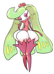Rule 34 | creatures (company), crown, eyelashes, eyeshadow, full body, game freak, gen 7 pokemon, green hair, haranui (haranui0w0), highres, jpeg artifacts, knees together feet apart, long hair, looking away, looking to the side, makeup, mini crown, nintendo, pokemon, pokemon (creature), pokemon sm, purple eyes, purple legwear, simple background, solo, standing, tri tails, tsareena, very long hair, white background