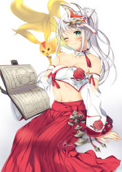 Rule 34 | 1girl, animal ears, bandeau, final fantasy, final fantasy xiv, fox ears, hakama, hakama skirt, highres, japanese clothes, kitsune, kyuubi, miqo&#039;te, multiple tails, simple background, sitting, skirt, solo, stomach, tagme, tail, warrior of light (ff14), white background, yana mori