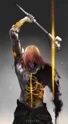 Rule 34 | 1boy, character name, colored skin, cracked skin, elden ring, elden ring (object), grey skin, hammer, hand up, highres, holding, holding hammer, holding weapon, hole in chest, hole on body, incoming attack, long hair, male focus, radagon of the golden order, red hair, solo, spoilers, therrao, waist cape, weapon