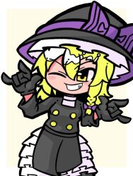 Rule 34 | 1girl, \m/, black gloves, black jacket, blonde hair, blush, bow, braid, buttons, commentary, cookie (touhou), cowboy shot, gloves, grin, hair between eyes, hair bow, hat, hat bow, jacket, kirisame marisa, long bangs, long hair, looking at viewer, one eye closed, petticoat, purple bow, rei (cookie), simple background, single braid, smile, solo, symbol-only commentary, sznkrs, touhou, two-tone background, v-shaped eyebrows, white background, witch hat, yellow background, yellow eyes