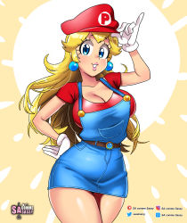 Rule 34 | 1girl, absurdres, adjusting clothes, adjusting headwear, blonde hair, blue eyes, breasts, cleavage, collarbone, cosplay, cowboy shot, earrings, gloves, hat, highres, jewelry, large breasts, lips, long hair, looking at viewer, mario, mario (cosplay), mario (series), nintendo, open mouth, overall skirt, princess peach, red hat, red shirt, sasa tseng, shirt, short sleeves, skirt, smile, solo, standing, super mario bros. 1, suspender skirt, suspenders, thighs, white background, white gloves, yellow background