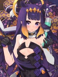 Rule 34 | 1girl, bare shoulders, black dress, black gloves, blunt bangs, breasts, choker, commentary request, dress, fur-trimmed choker, fur trim, gloves, highres, holding, holding stylus, hololive, hololive english, long hair, looking at viewer, multicolored hair, ninomae ina&#039;nis, ninomae ina&#039;nis (1st costume), orange hair, pen, purple eyes, purple hair, small breasts, solo, stylus, tentacles, two-tone hair, virtual youtuber, waterring