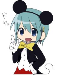 Rule 34 | 1girl, amaiwashi, animal ears, bad id, bad pixiv id, blue eyes, blue hair, cosplay, disney, gloves, looking at viewer, mahou shoujo madoka magica, mahou shoujo madoka magica (anime), matching hair/eyes, meme, mickey mouse, mickey mouse (cosplay), miki sayaka, mouse ears, mouse tail, no nose, open mouth, parody, pun, short hair, simple background, solo, tail, too bad! it was just me! (meme), tuxedo, white background