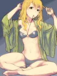 Rule 34 | 1girl, adjusting hair, ahoge, barefoot, bikini, blonde hair, blush, breasts, green eyes, hoshii miki, idolmaster, idolmaster (classic), indian style, looking at viewer, mouth hold, navel, o-ring, o-ring top, open clothes, open shirt, q (ed69), shirt, sitting, solo, swimsuit, underboob