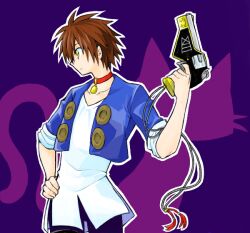 Rule 34 | 1boy, 1other, bell, black cat (series), bombayeah, brown hair, cat, choker, gun, handgun, holding, holding gun, holding weapon, looking to the side, male focus, neck bell, revolver, shirt, train heartnet, two-tone background, weapon, white shirt, yellow eyes