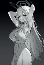 1girl armpits arms_behind_head belt blue_archive breasts cowboy_shot greenopi greyscale grin halo headgear highres long_hair looking_at_viewer medium_breasts monochrome shirt shirt_tucked_in skirt sleeveless sleeveless_shirt smile solo sweat utaha_(blue_archive) very_long_hair