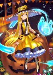 Rule 34 | 1girl, bag, bare shoulders, black hat, black legwear, blonde hair, blue eyes, blunt bangs, boots, bow, bowtie, closed mouth, commentary request, dress, frilled dress, frilled hat, frills, ghost, halloween, hat, holding, holding wand, jack-o&#039;-lantern, long hair, looking at viewer, original, pumpkin, shoulder bag, sitting, very long hair, wand, wasabi60, witch, witch hat, wristband, yellow dress