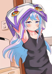 Rule 34 | 1boy, absurdres, armpits, arms up, artist request, blue hair, hacka doll, hacka doll 3, highres, long hair, looking at viewer, male focus, purple eyes, solo, sweat, trap
