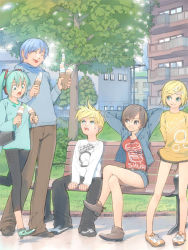 Rule 34 | 2boys, 3girls, akinbo (hyouka fuyou), apartment, aqua eyes, arms behind back, bad id, bad pixiv id, bench, between legs, blonde hair, blue eyes, blue hair, boots, brother and sister, building, casual, crossed legs, day, everyone, food, frown, green eyes, grey eyes, hand between legs, hatsune miku, ice cream, jacket, kagamine len, kagamine rin, kaito (vocaloid), leggings, meiko (vocaloid), multiple boys, multiple girls, no socks, open mouth, outdoors, park, pigeon-toed, scared, scarf, shoes, short shorts, shorts, siblings, sidewalk, sitting, smile, sneakers, surprised, sweatdrop, sweater, tree, twins, vocaloid, walking