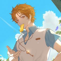 Rule 34 | 1boy, blue sky, brown eyes, brown hair, cloud, cloudy sky, food, food in mouth, highres, jewelry, jiukuzi18797, key, looking at viewer, luke pearce (tears of themis), male focus, necklace, outdoors, polo shirt, popsicle, shirt, short hair, short sleeves, sky, solo, tears of themis, white shirt