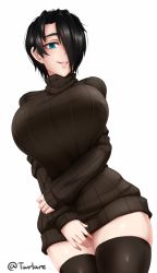 Rule 34 | 1girl, aqua eyes, artist name, black hair, black sweater, black thighhighs, breasts, commentary, cowboy shot, english commentary, hair over one eye, large breasts, looking at viewer, original, parted lips, ribbed sweater, saya (twrlare), short hair, simple background, smile, solo, sweater, thighhighs, turtleneck, twitter username, twrlare, white background, zettai ryouiki