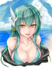 Rule 34 | 1girl, absurdres, artist request, beach, bikini, bikini top only, commentary request, day, fate/grand order, fate (series), green hair, hair between eyes, hair ornament, highres, horns, kiyohime (fate), kiyohime (swimsuit lancer) (fate), lips, long hair, looking at viewer, multiple horns, solo, swimsuit, yellow eyes