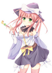 Rule 34 | 1girl, bad id, bad pixiv id, black skirt, bow, cowboy shot, detached sleeves, flower knight girl, green eyes, hat, hat bow, holding, holding smoking pipe, kedama (kedama akaza), kiseru, long hair, looking at viewer, pink hair, pink thighhighs, purple hat, saffron (flower knight girl), sidelocks, skirt, smile, smoking pipe, solo, thighhighs, twintails, waist bow, white background, white bow, yellow bow