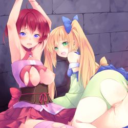 Rule 34 | 2girls, ahoge, armpits, arms up, blonde hair, blush, breasts, censored, green eyes, highres, karin (momo kyun sword), large breasts, long hair, looking at viewer, momo kyun sword, mosaic censoring, multiple girls, nipples, open mouth, pink legwear, pussy, pussy juice, red hair, ringo (momo kyun sword), sweat, takano natsuki, tears, thighhighs, torn clothes, torn legwear, twintails