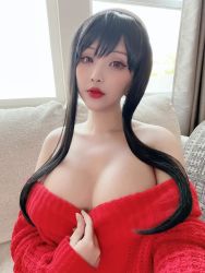 Rule 34 | 1girl, asian, black hair, breasts, brown eyes, cleavage, cosplay, hana bunny, highres, indoors, japanese (nationality), lipstick, looking at viewer, makeup, photo (medium), real life, solo, spy x family, sweater, yor briar