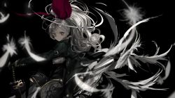 Rule 34 | 1girl, black background, black gloves, bow, buckle, closed mouth, coat, dress, feathers, frown, gloves, hair bow, highres, long hair, looking at viewer, multicolored eyes, narue, original, petticoat, ponytail, silver hair, simple background, sketch, solo, tiara