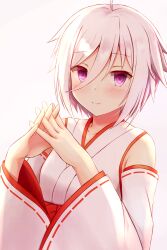 Rule 34 | 1girl, ahoge, blush, collarbone, commentary request, hair between eyes, highres, itomi sayaka, japanese clothes, long sleeves, looking at viewer, miko, natsu (927013), own hands together, purple eyes, short hair, smile, solo, toji no miko, upper body, white hair, wide sleeves